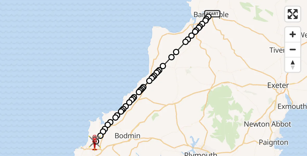 Flight route Air Ambulance Helicopter Barnstaple - Cornwall Airport Newquay, 02 October 2026, 12:40