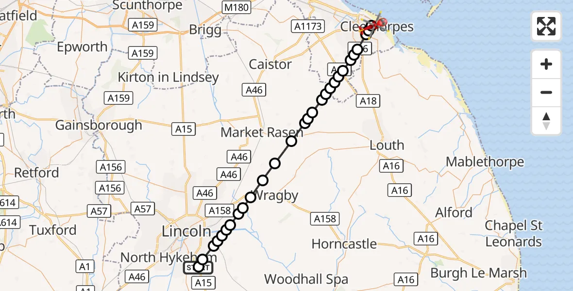 Flight route Air Ambulance Helicopter RAF Waddington - Cleethorpes, 02 October 2026, 12:44