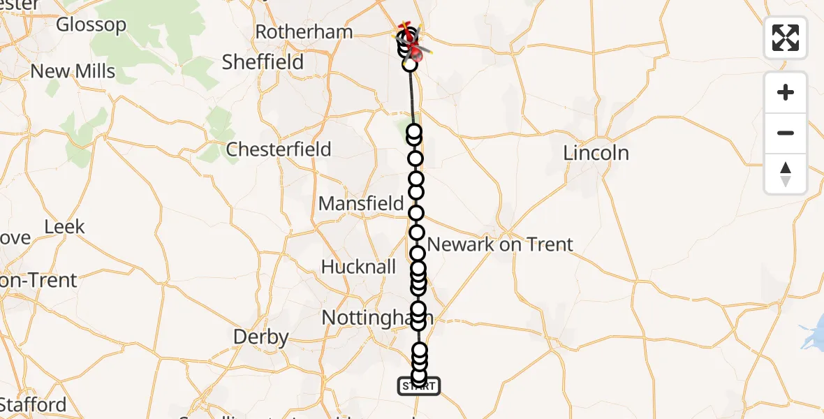 Flight route Air Ambulance Helicopter Nottingham Heliport - Bircotes, 02 October 2026, 12:45