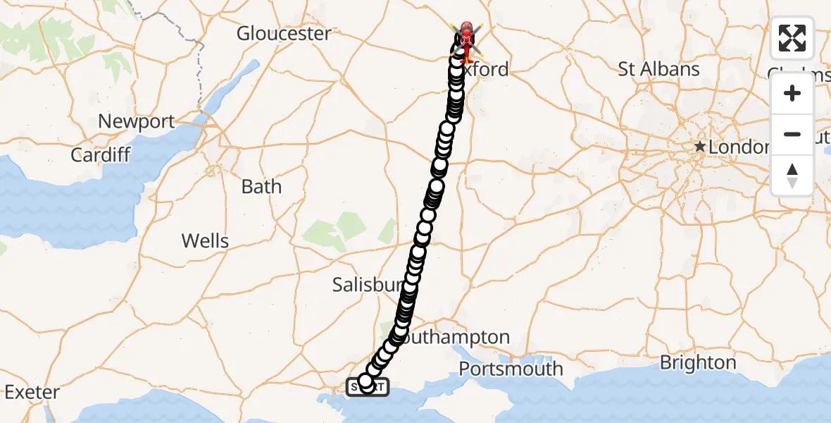 Flight route Air Ambulance Helicopter Royal Bournemouth Hospital - London Oxford Airport, 02 October 2026, 12:47
