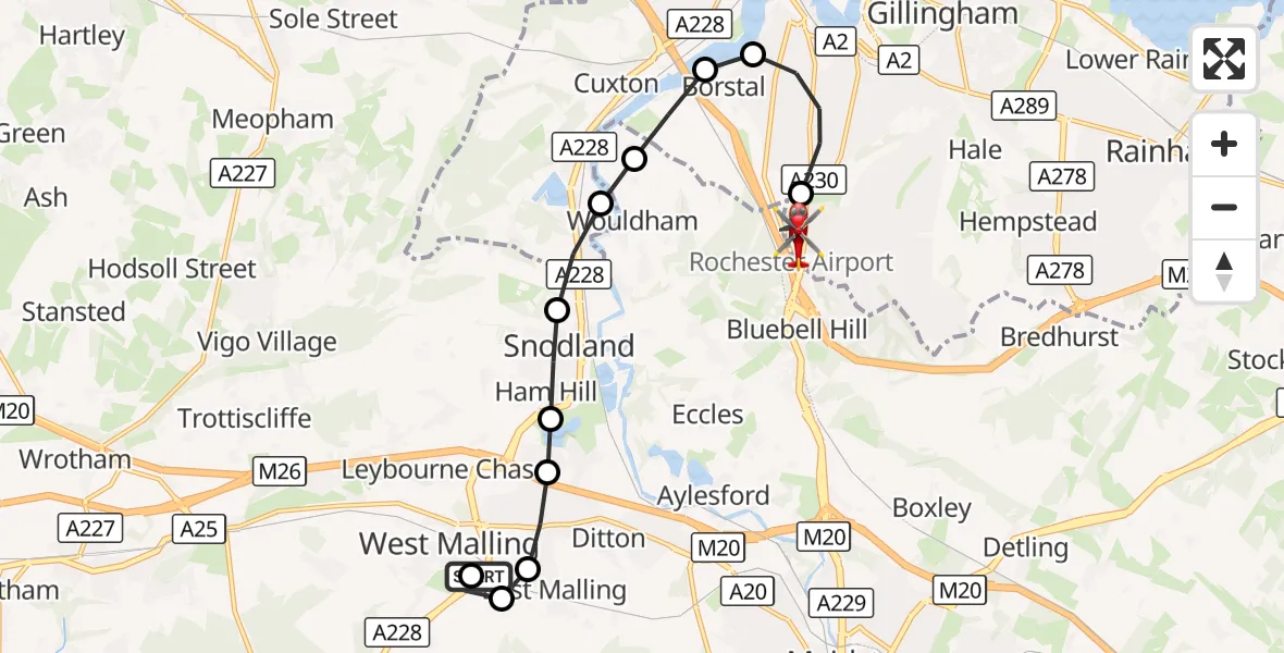 Flight route Air Ambulance Helicopter Kings Hill - Rochester Airport, 02 October 2026, 12:56