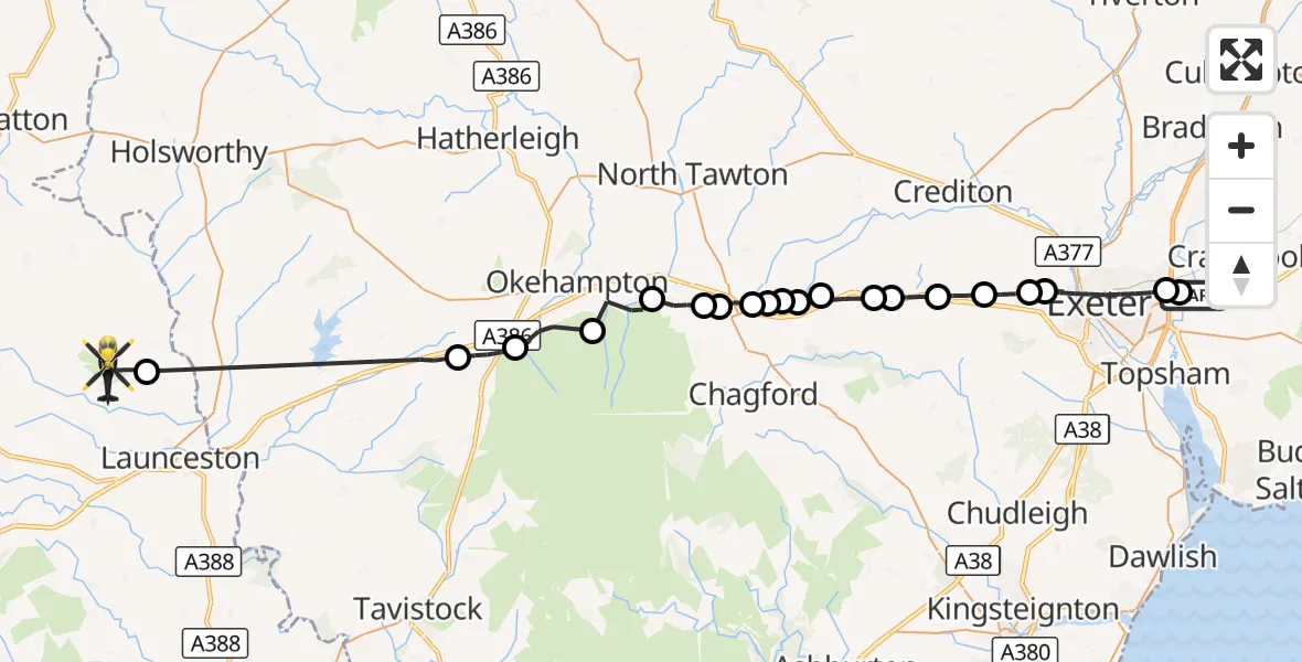 Flight route Police Helicopter East Devon - North Petherwin, 02 October 2026, 13:04