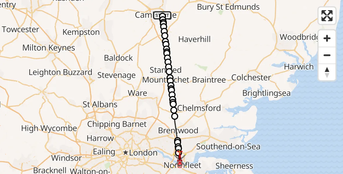 Flight route Air Ambulance Helicopter Cambridge City Airport - Grays, 02 October 2026, 13:04