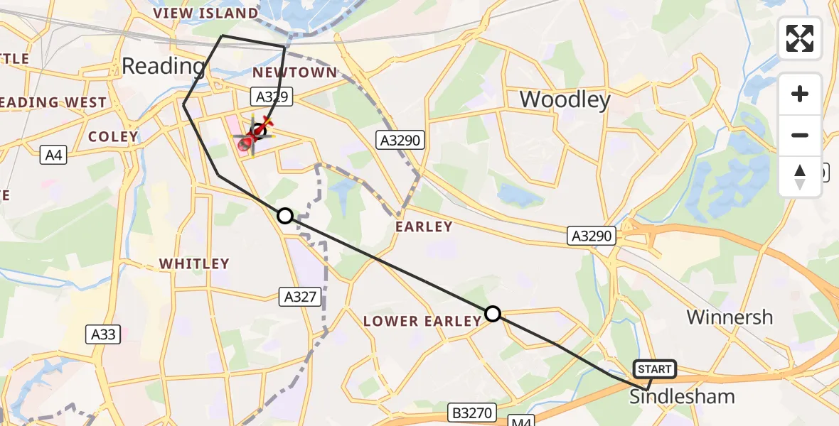 Flight route Air Ambulance Helicopter Sindlesham - Royal Berkshire Hospital, 02 October 2026, 13:06