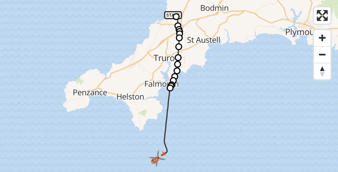 Flight route Coastguard Helicopter Cornwall Airport Newquay - English Channel, 02 October 2026, 13:07