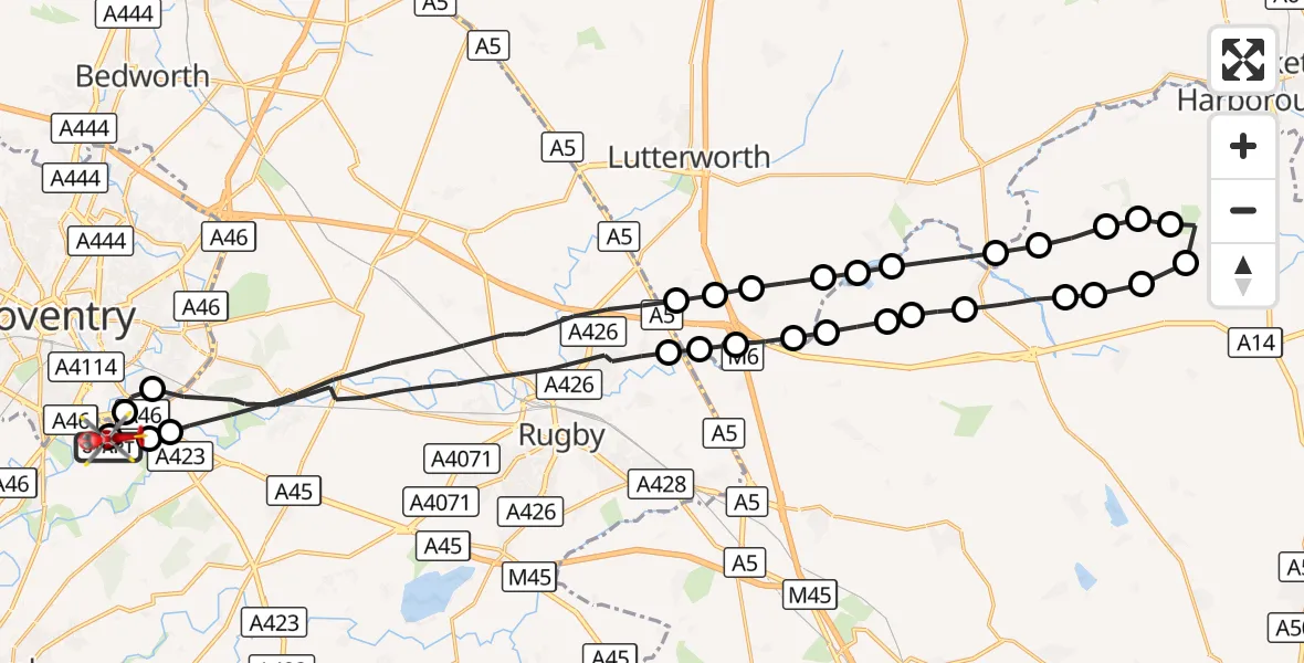 Flight route Air Ambulance Helicopter Coventry Airport - Coventry Airport, 02 October 2026, 13:07