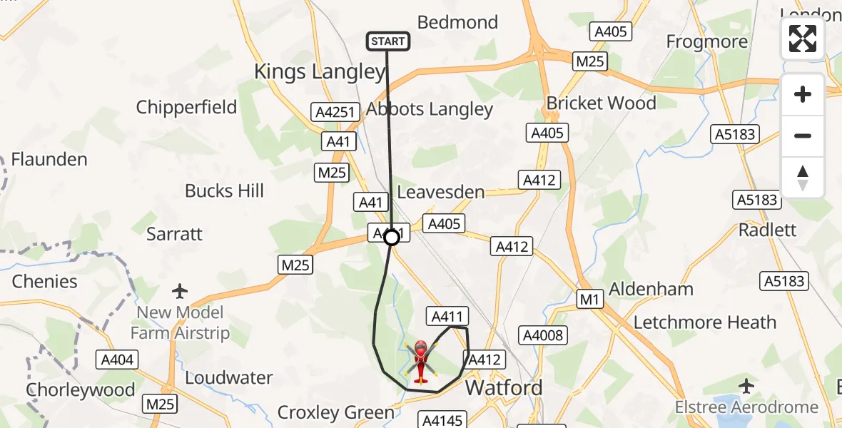 Flight route Air Ambulance Helicopter Abbots Langley - Watford, 02 October 2026, 13:08