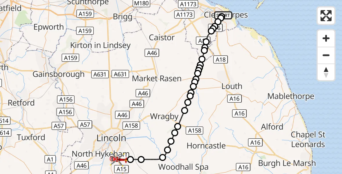Flight route Air Ambulance Helicopter Cleethorpes - North Kesteven, 02 October 2026, 13:16