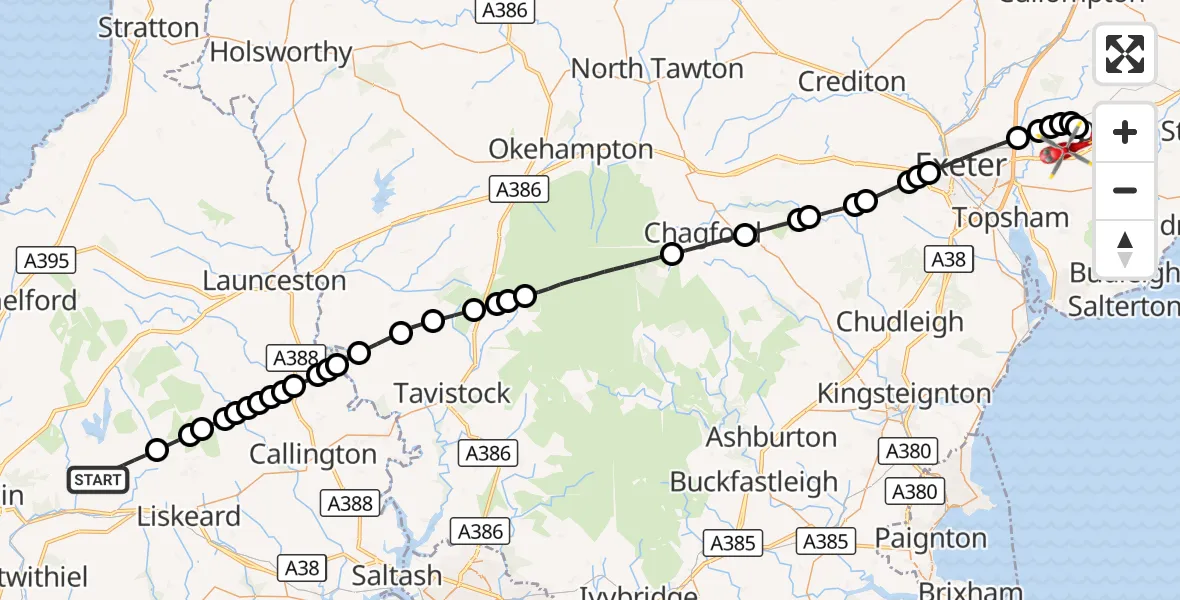 Flight route Air Ambulance Helicopter St. Neot - Rockbeare, 02 October 2026, 13:17