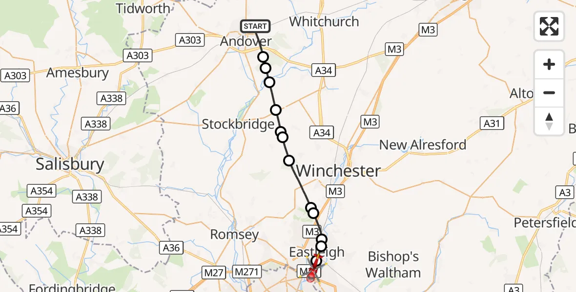 Flight route Air Ambulance Helicopter Andover - Southampton Airport, 02 October 2026, 13:17