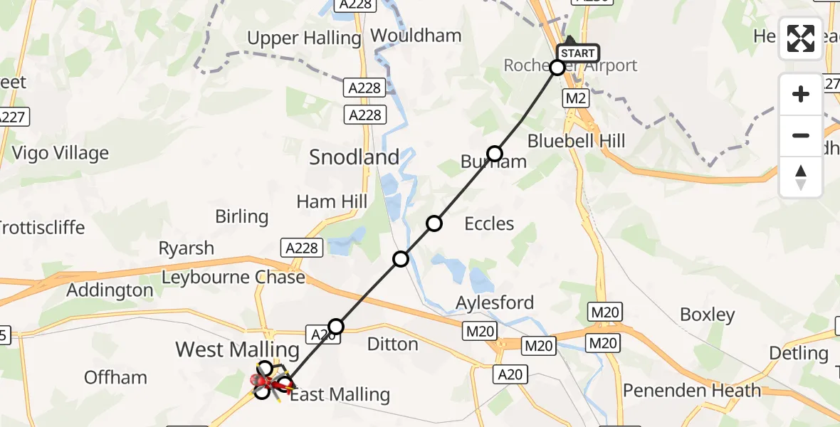 Flight route Air Ambulance Helicopter Rochester Airport - Kings Hill, 02 October 2026, 13:22