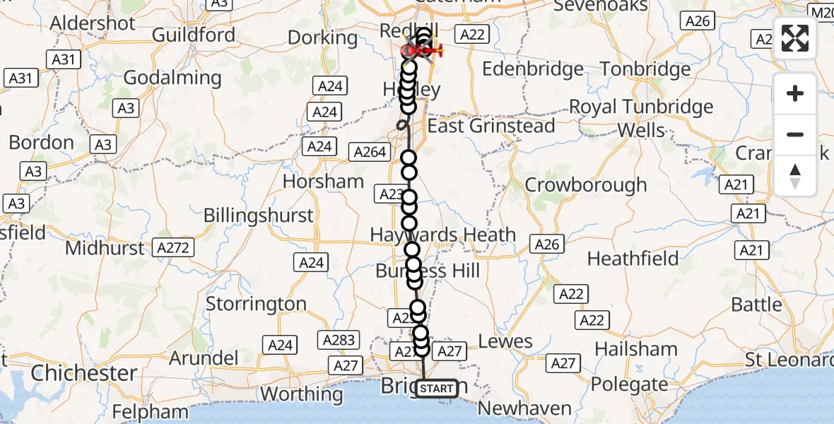 Flight route Air Ambulance Helicopter Brighton - Redhill Aerodrome, 02 October 2026, 13:35