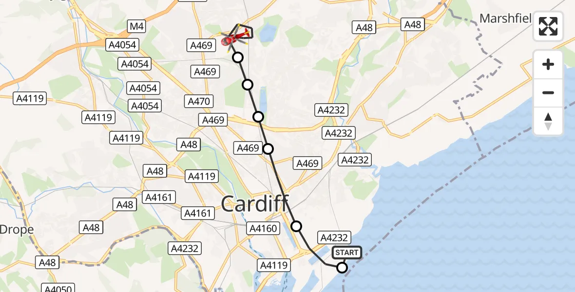 Flight route Air Ambulance Helicopter Cardiff Heliport - Llanishen, 02 October 2026, 13:36
