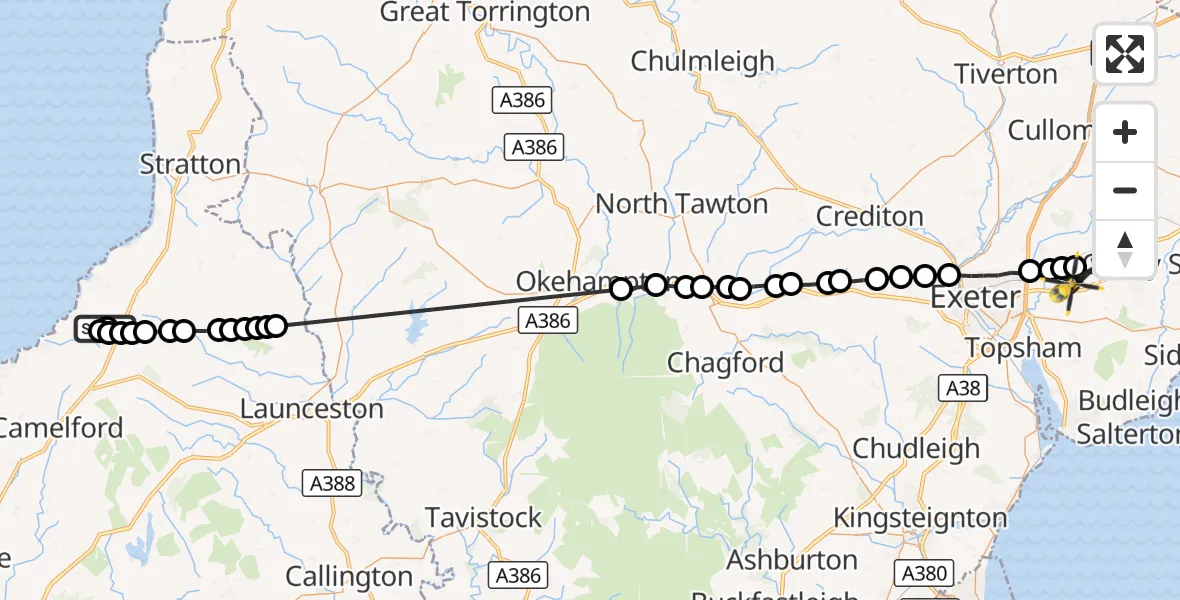 Flight route Police Helicopter Otterham Station - Exeter International Airport, 02 October 2026, 13:38