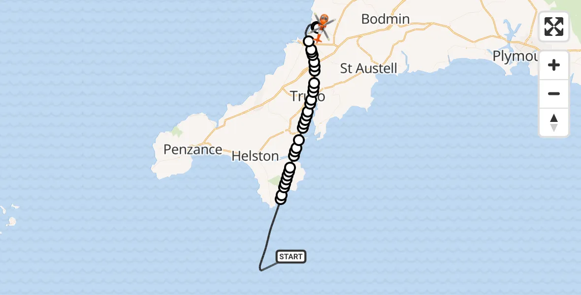 Flight route Coastguard Helicopter English Channel - Cornwall Airport Newquay, 02 October 2026, 13:40