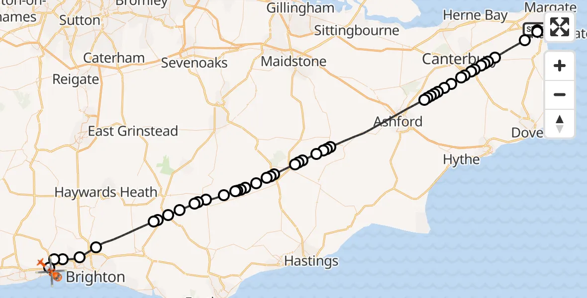 Flight route Coastguard Helicopter Manston Airport - Brighton City Airport, 02 October 2026, 13:45