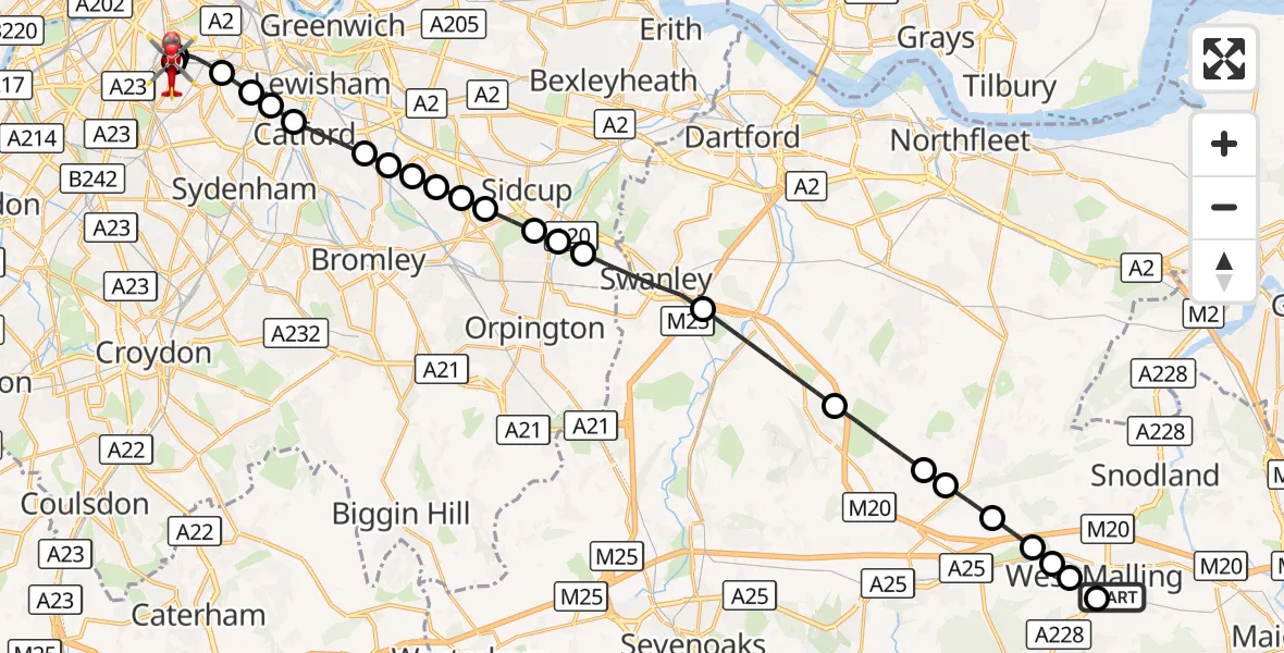 Flight route Air Ambulance Helicopter Kings Hill - Kings College London Hospital, 02 October 2026, 13:46