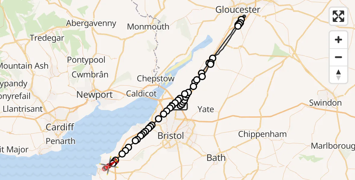 Flight route Air Ambulance Helicopter Almondsbury Helicopter Base - Weston-super-Mare, 02 October 2026, 13:52