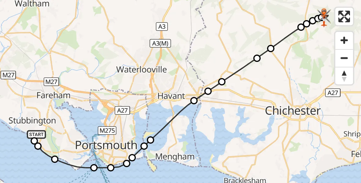 Flight route Coastguard Helicopter Solent Airport - Chichester, 02 October 2026, 13:53