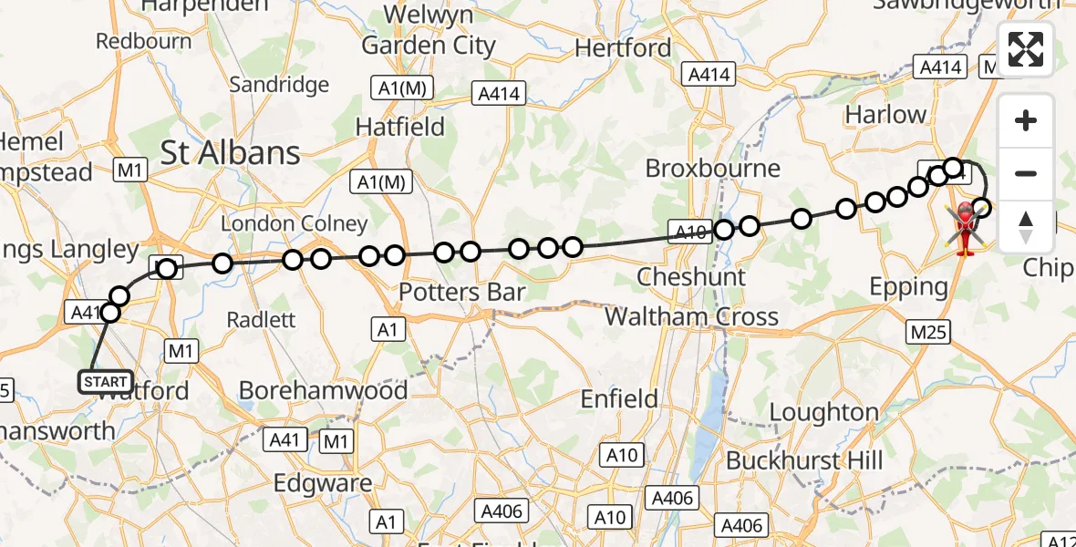Flight route Air Ambulance Helicopter Watford - North Weald Airfield, 02 October 2026, 14:07