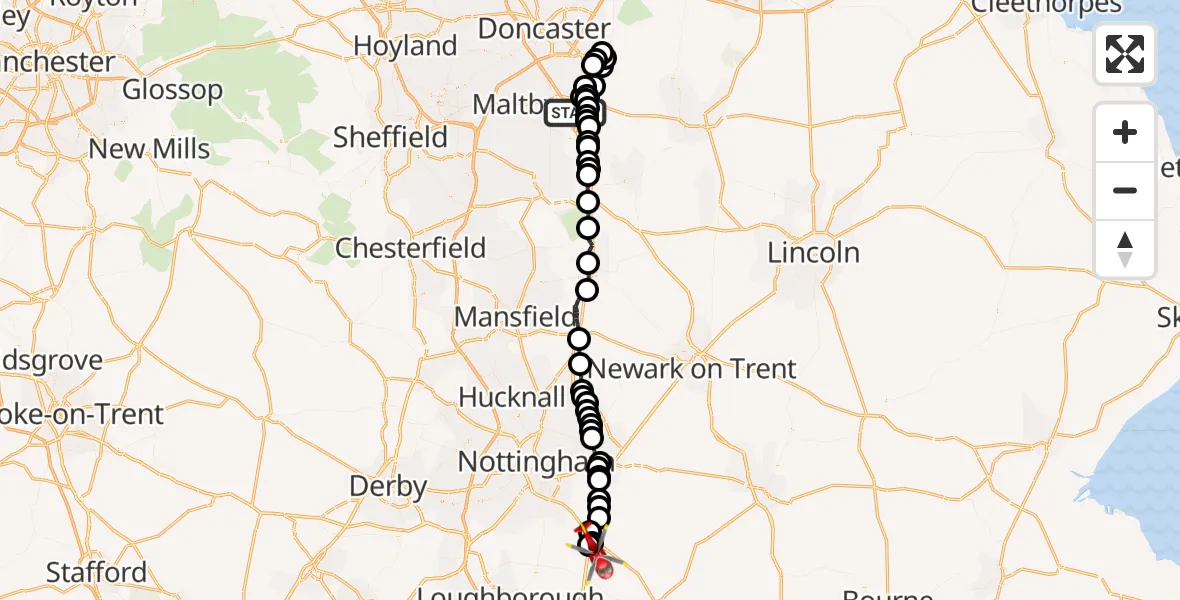 Flight route Air Ambulance Helicopter Bircotes - Hickling, 02 October 2026, 14:08