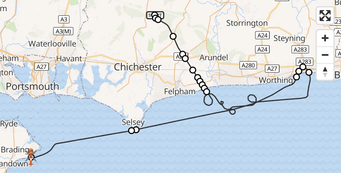 Flight route Coastguard Helicopter Chichester - Bembridge, 02 October 2026, 14:13