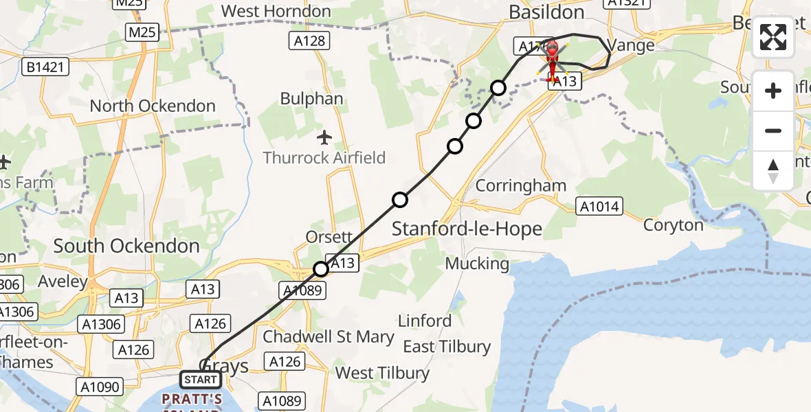 Flight route Air Ambulance Helicopter Grays - Basildon, 02 October 2026, 14:17