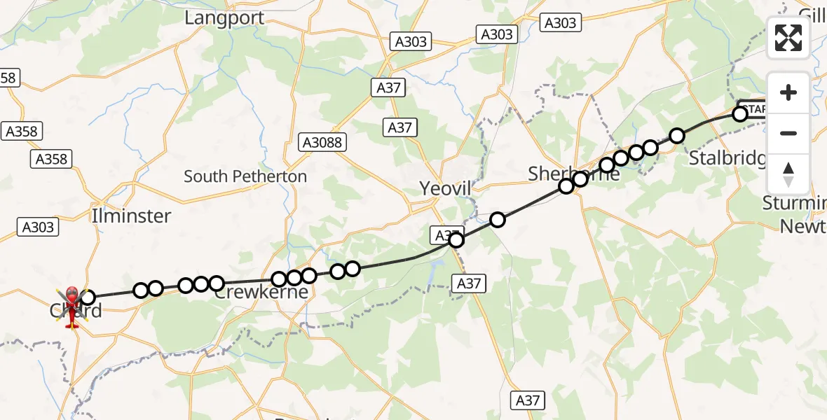 Flight route Air Ambulance Helicopter Henstridge Airfield - Chard, 02 October 2026, 14:29