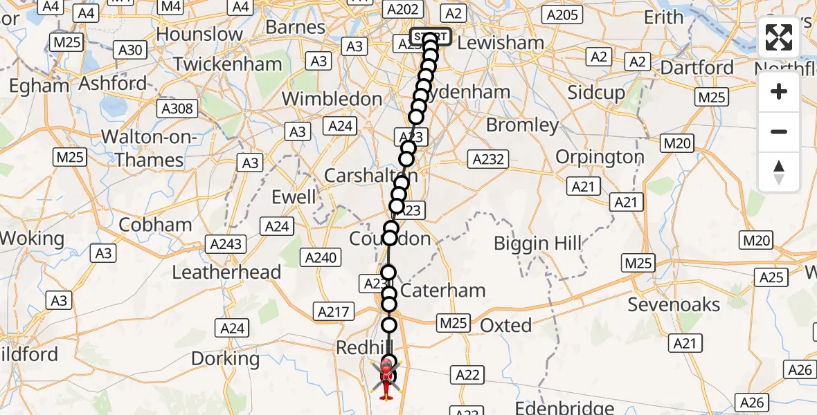 Flight route Air Ambulance Helicopter Kings College London Hospital - Redhill Aerodrome, 02 October 2026, 14:42