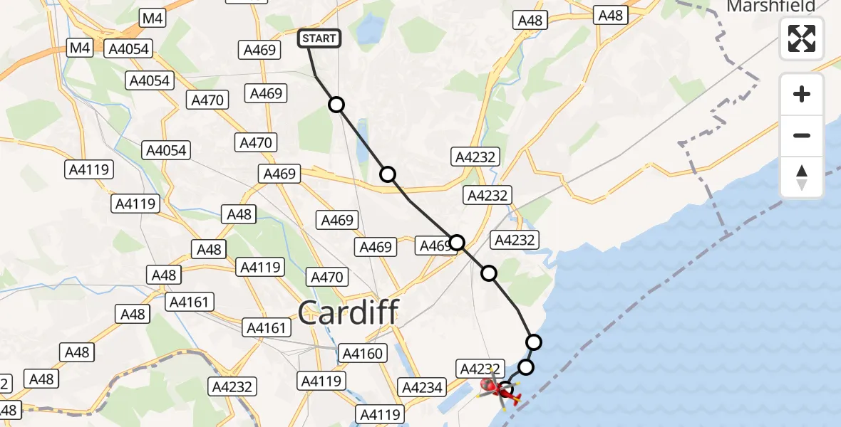 Flight route Air Ambulance Helicopter Llanishen - Cardiff Heliport, 02 October 2026, 14:47