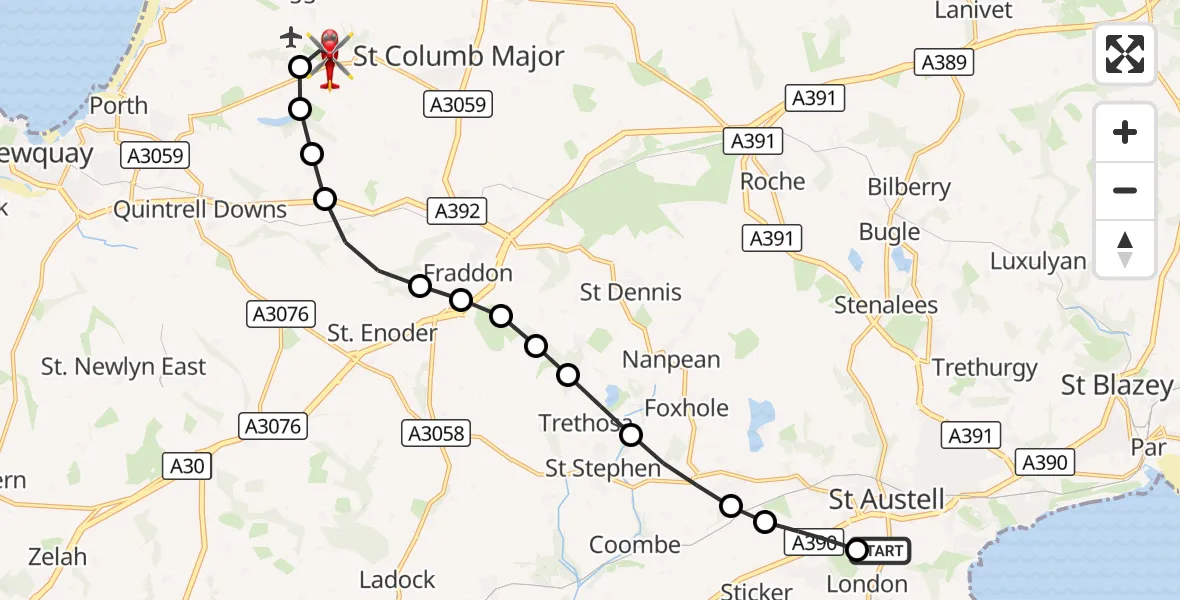 Flight route Air Ambulance Helicopter London Apprentice - Cornwall Airport Newquay, 02 October 2026, 15:00