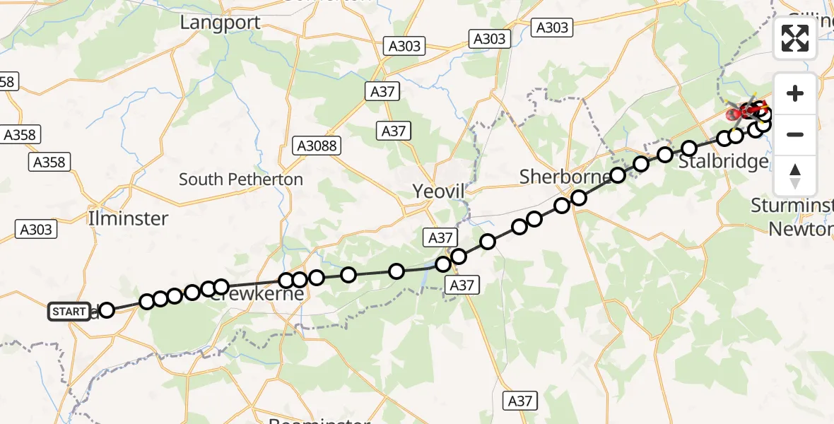 Flight route Air Ambulance Helicopter Chard - Henstridge Airfield, 02 October 2026, 15:13