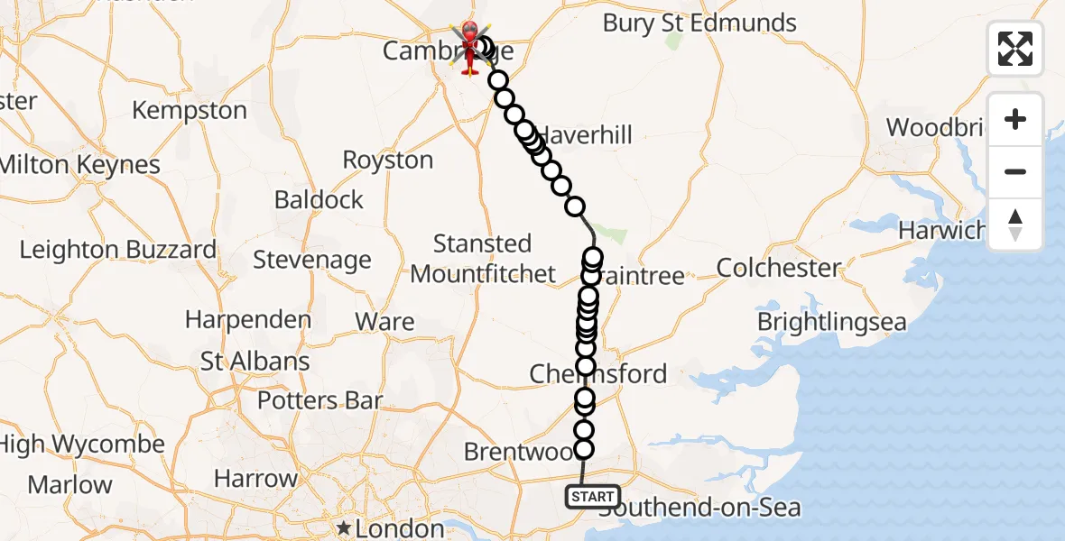 Flight route Air Ambulance Helicopter Basildon - Cambridge City Airport, 02 October 2026, 15:31