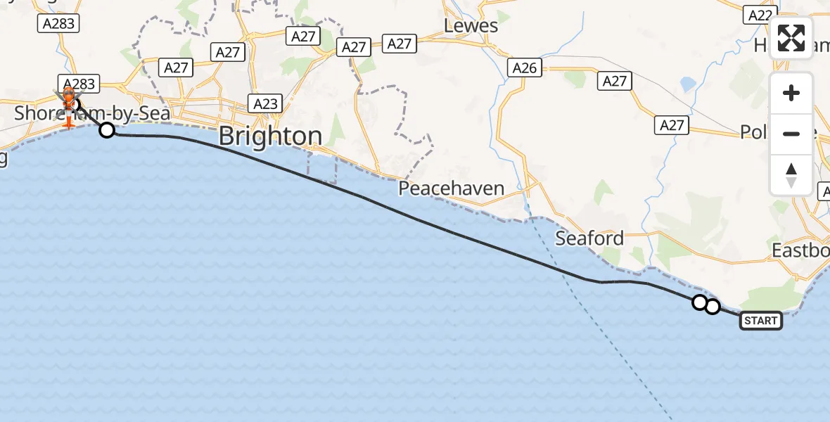 Flight route Coastguard Helicopter Eastbourne - Brighton City Airport, 02 October 2026, 15:34