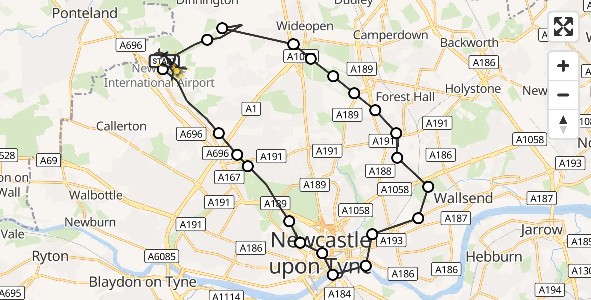 Flight route Police Helicopter Newcastle International Airport - Newcastle International Airport, 02 October 2026, 15:39