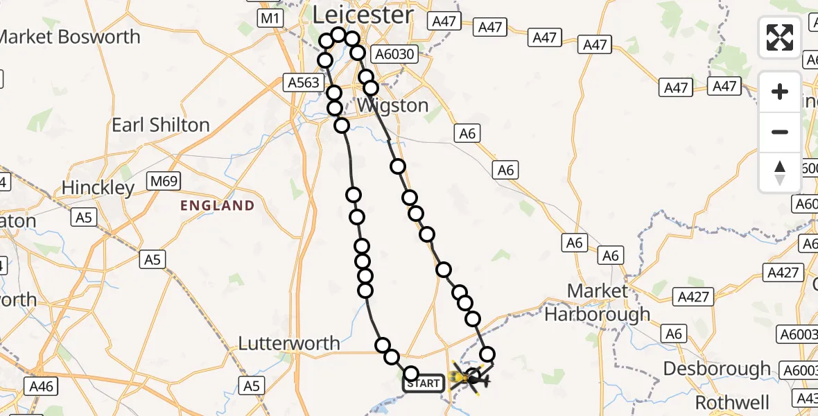 Flight route Police Helicopter Welford - Harborough, 02 October 2026, 15:59