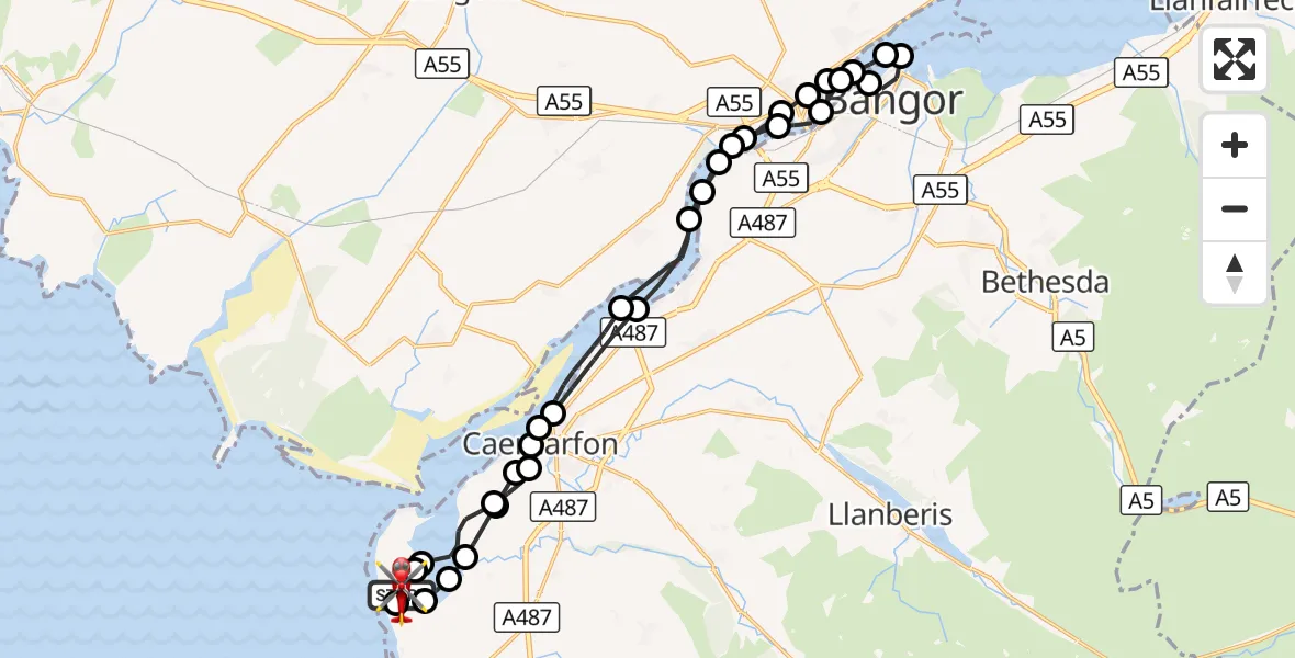 Flight route Air Ambulance Helicopter Caernarfon Airport - Caernarfon Airport, 02 October 2026, 16:00