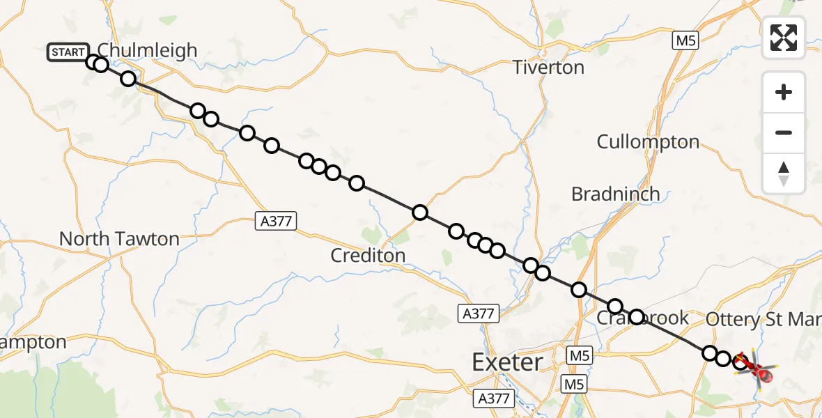 Flight route Air Ambulance Helicopter Ashreigney - Tipton St John, 02 October 2026, 16:03