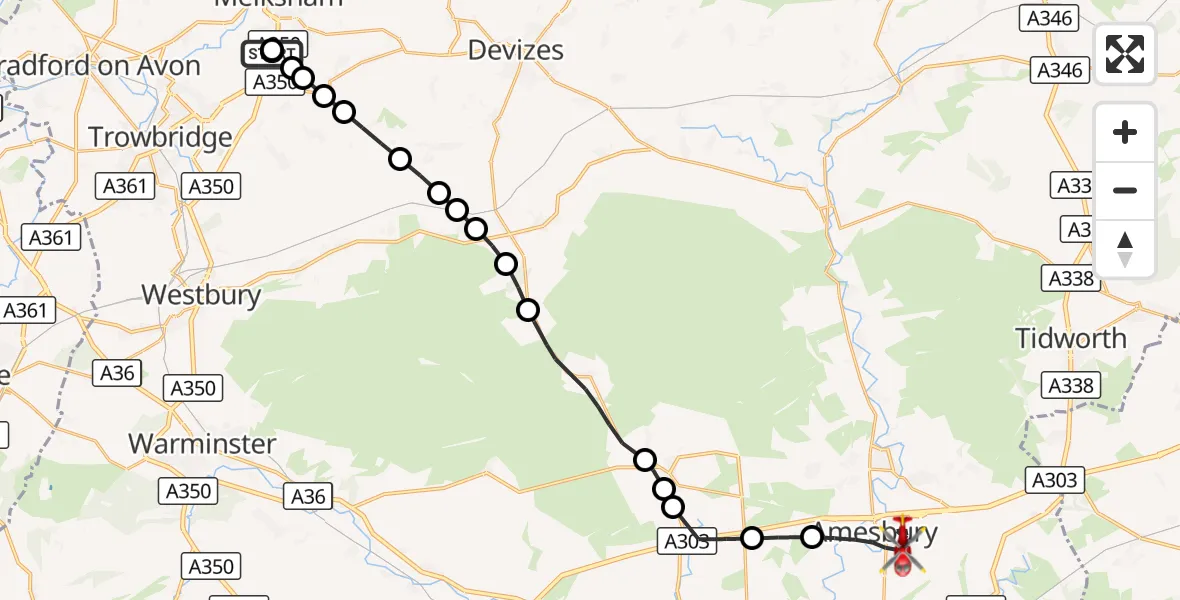 Flight route Air Ambulance Helicopter Wiltshire Air Ambulance - Amesbury, 02 October 2026, 16:19