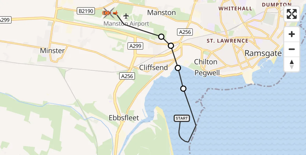 Flight route Coastguard Helicopter North Sea - Manston Airport, 02 October 2026, 16:39