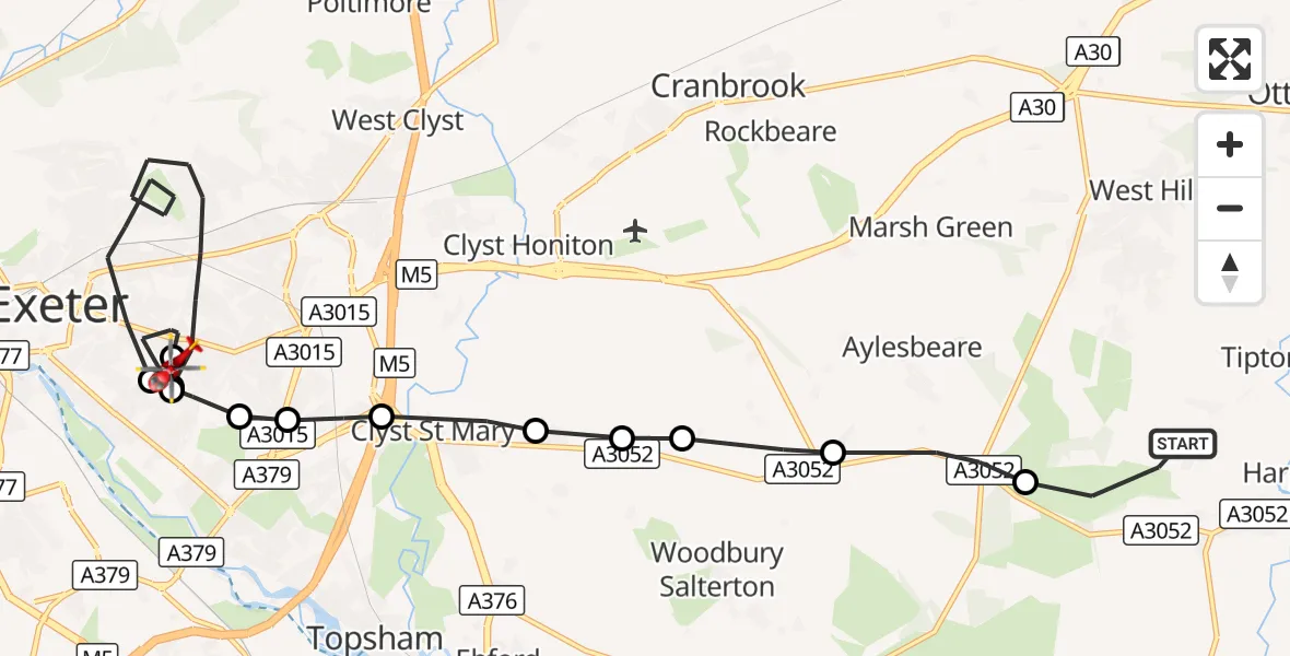 Flight route Air Ambulance Helicopter Newton Poppleford - Royal Devon & Exeter Hospital, 02 October 2026, 16:50