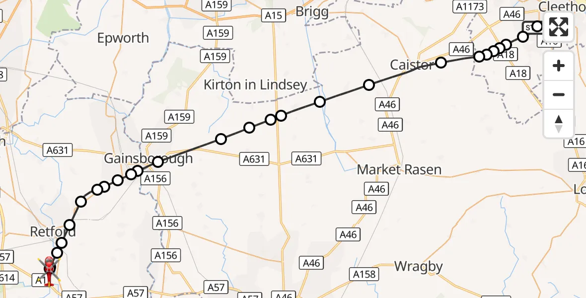 Flight route Air Ambulance Helicopter Scartho - Retford Gamston Airport, 02 October 2026, 17:10
