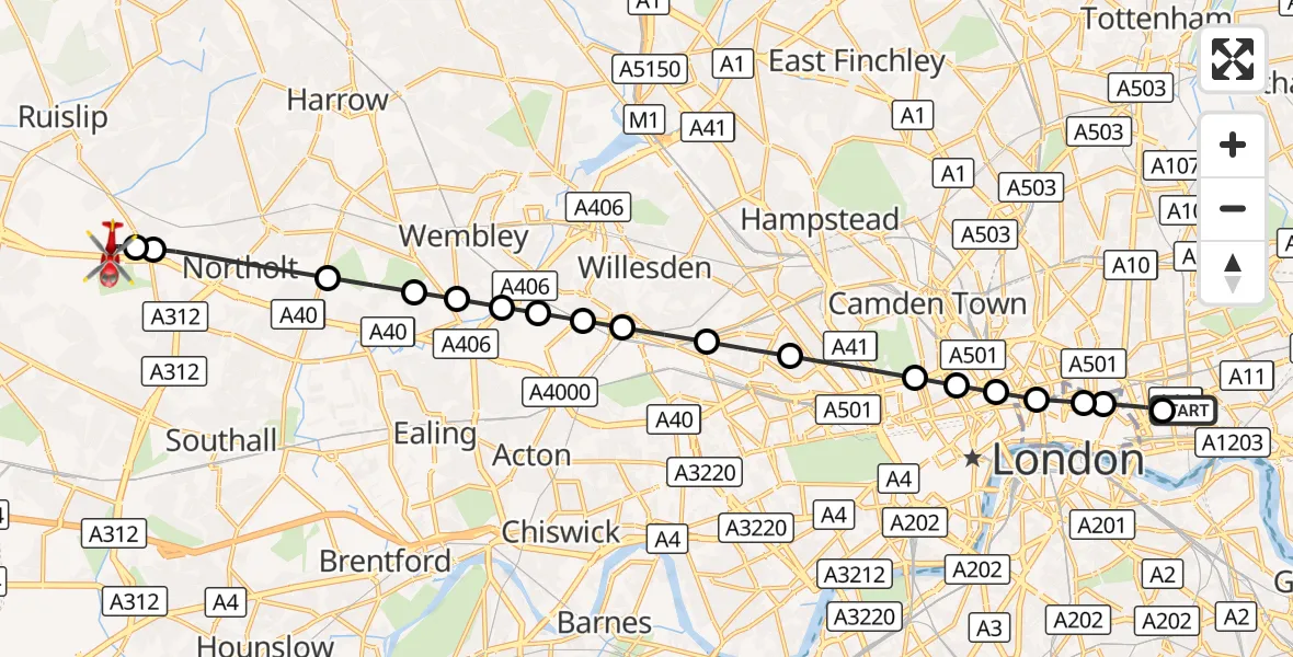 Flight route Air Ambulance Helicopter Royal London Hospital - RAF Northolt, 02 October 2026, 17:23