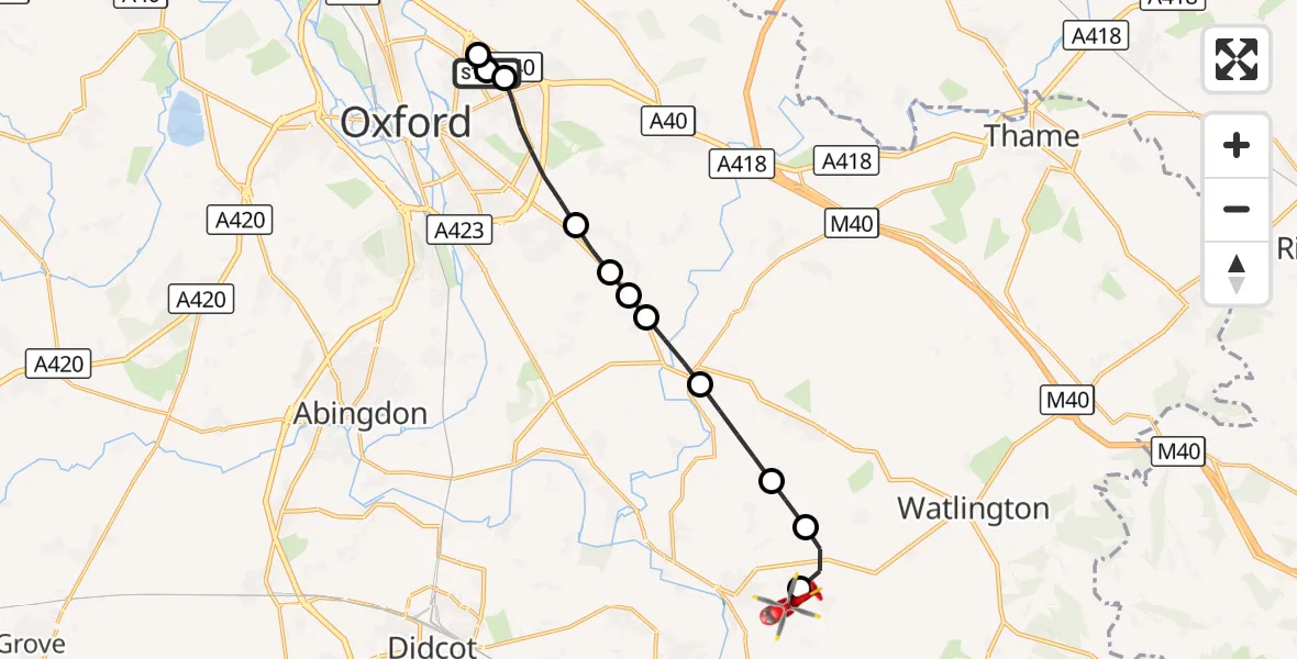 Flight route Air Ambulance Helicopter John Radcliffe Hospital - RAF Benson, 02 October 2026, 17:23