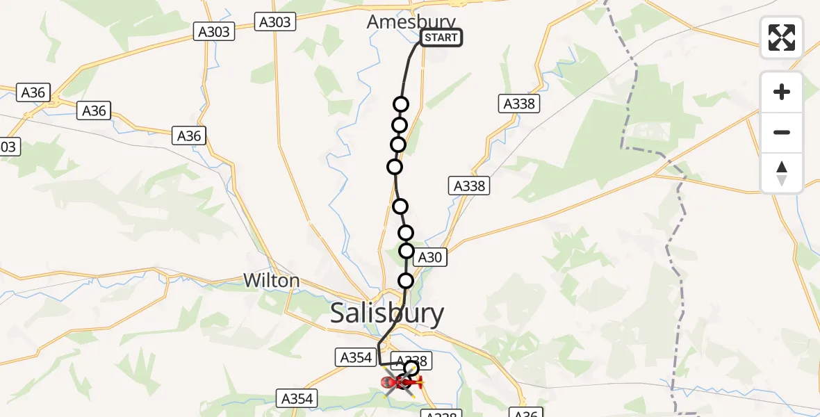 Flight route Air Ambulance Helicopter Amesbury - Salisbury District Hospital, 02 October 2026, 17:27