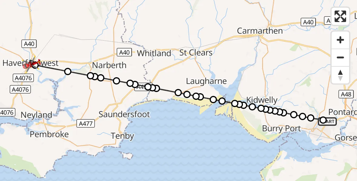 Flight route Air Ambulance Helicopter Dafen - Haverfordwest, 02 October 2026, 17:32