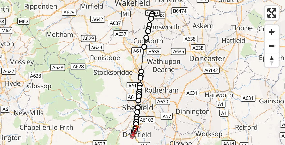 Flight route Air Ambulance Helicopter YAA Nostell Helicopter Port - Lowedges, 02 October 2026, 18:04