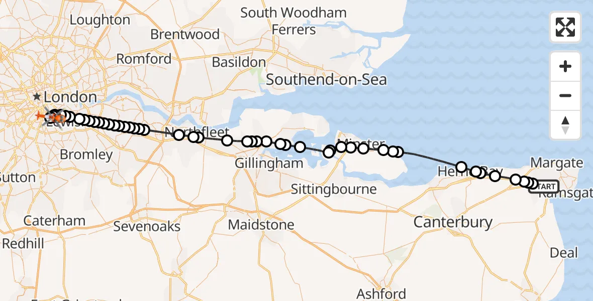 Flight route Coastguard Helicopter Manston Airport - Camberwell, 02 October 2026, 18:07