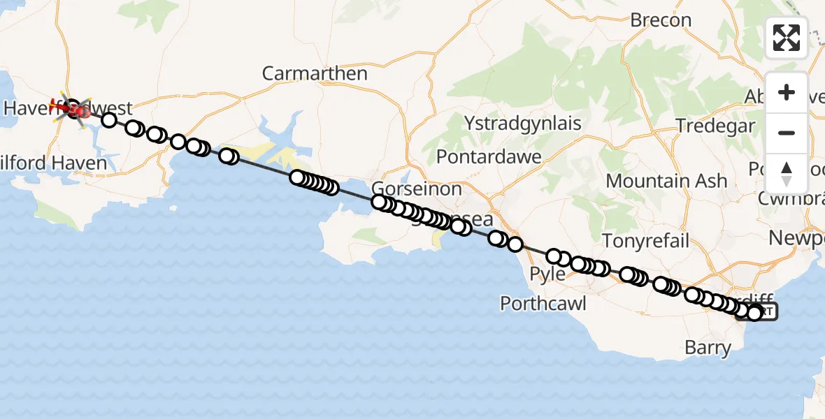 Flight route Air Ambulance Helicopter Cardiff Heliport - Haverfordwest, 02 October 2026, 18:11