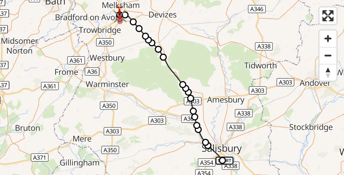 Flight route Air Ambulance Helicopter Salisbury District Hospital - Wiltshire Air Ambulance, 02 October 2026, 18:15
